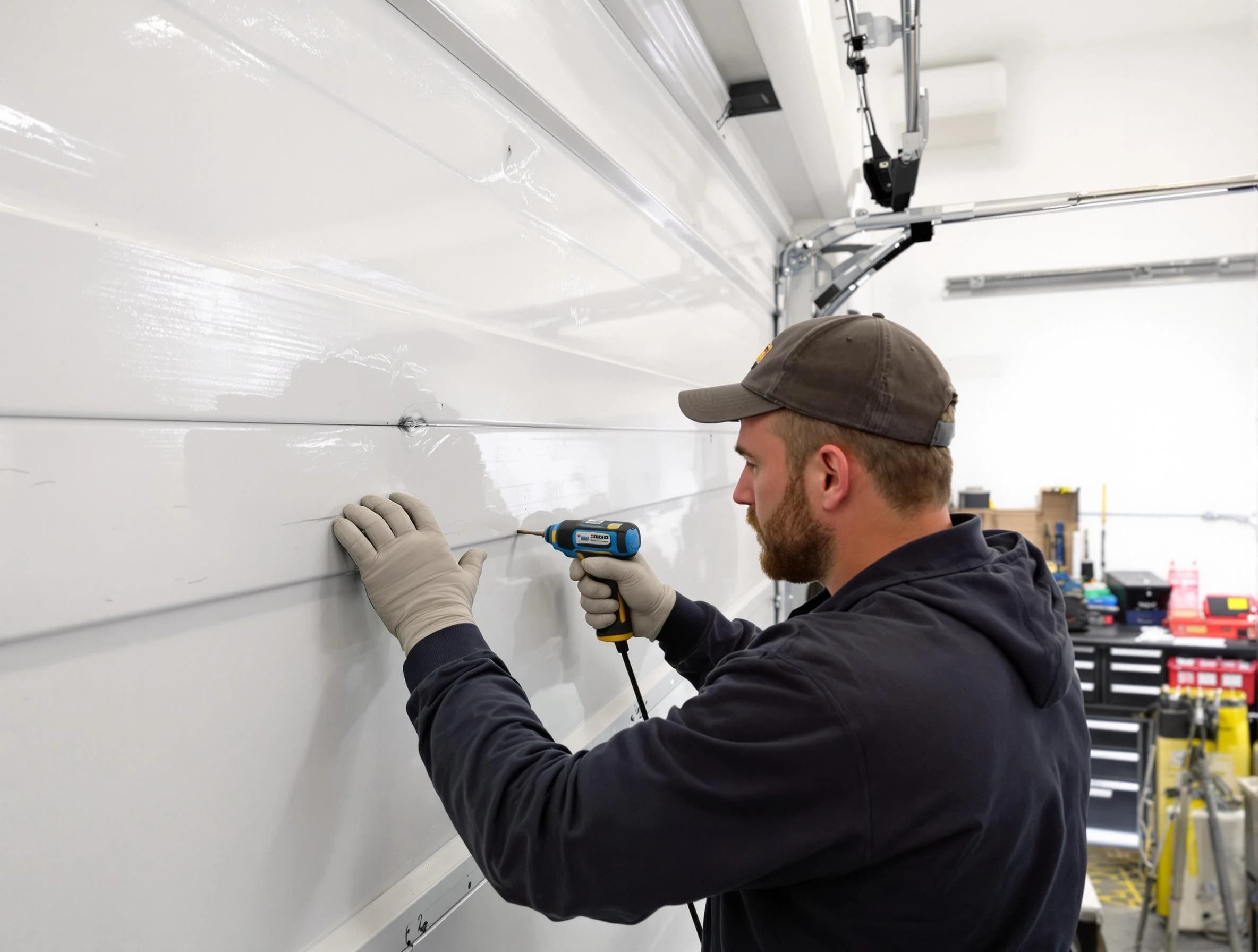 Federal Heights Garage Door Repair technician demonstrating precision dent removal techniques on a Federal Heights garage door